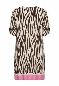 Zebra-Print Tunika in Braun und Creme mit kurzen Ärmeln, rundem Halsauschnitt und einem pinken Saum. Weicher Stoff mit glatter Textur.