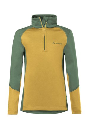 Maglione outdoor a manica lunga con mezza cerniera, collo alto, maniche e schiena verdi, parte frontale giallo senape e toppe sui gomiti, logo Vaude sul petto.