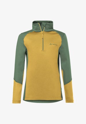 Maglione outdoor a manica lunga con mezza cerniera, collo alto, maniche e schiena verdi, parte frontale giallo senape e toppe sui gomiti, logo Vaude sul petto.