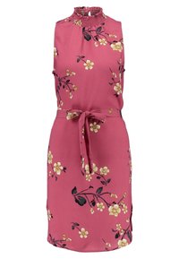 Růžové šaty bez rukávů s květinovým vzorem, nařasený vysoký límec a zavazování v pase. Hladká tkanina se bočními rozparky a zlatými akcenty ve květinách.
