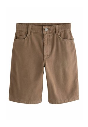 Braune knieengebundene Jeansshorts mit Frontknopf, Reißverschluss, Gürtelschlaufen und zwei Fronttaschen.