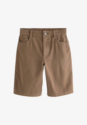 Barna, térdig érő farmer rövidnadrág elöl gombbal, cipzárral, övbújtatókkal és két első zsebbel.