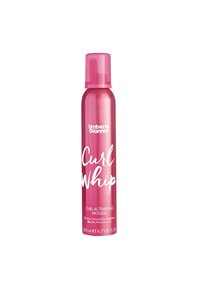 Curl Whip van Umberto Giannini in een metallic roze blik met een roze dop. Kenmerkt zich door witte scripttekst, 200 ml capaciteit voor het activeren van krullen.