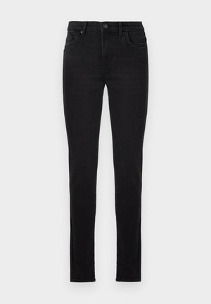 Svarta jeans i denim med slim fit, femficksdesign och matchande sömmar. Har knappstängning och bältesöglor. Slät yta.