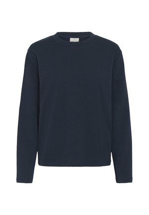 Marineblaue Langarmshirt aus weicher Baumwolle mit Rundhalsausschnitt, geradem Schnitt und minimalen Details sowie glatter Textur.