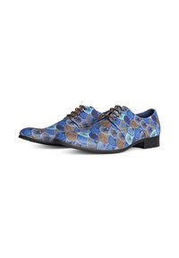 Laced shoes with a blue, brown, and teal patterned textile upper. Features a pointed toe and a low black heel. Textured finish.
