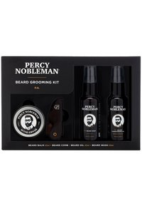 Skäggvårdssetet inkluderar en rund burk med skäggbalsam, två svarta flaskor med skäggolja och skäggtvätt, en träkam, i en svart låda.