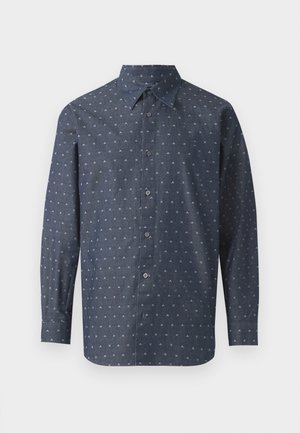 Knappskjorte i mørk marineblå stoff med et teksturert trykk av små hvite og lys blå mønstre, med standard krage og lange ermer.