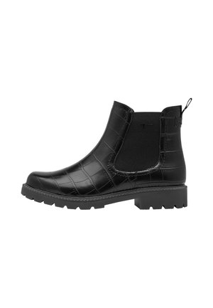 Bottine noire à motif crocodile, panneau latéral élastique, languette au talon et semelle robuste.