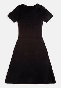 Schwarzes, kurzärmliges Kleid mit tailliertem Oberteil, schwingendem Rock und glatter Textur. Schlichter runder Ausschnitt, ohne weitere Muster oder Akzentuierungen.