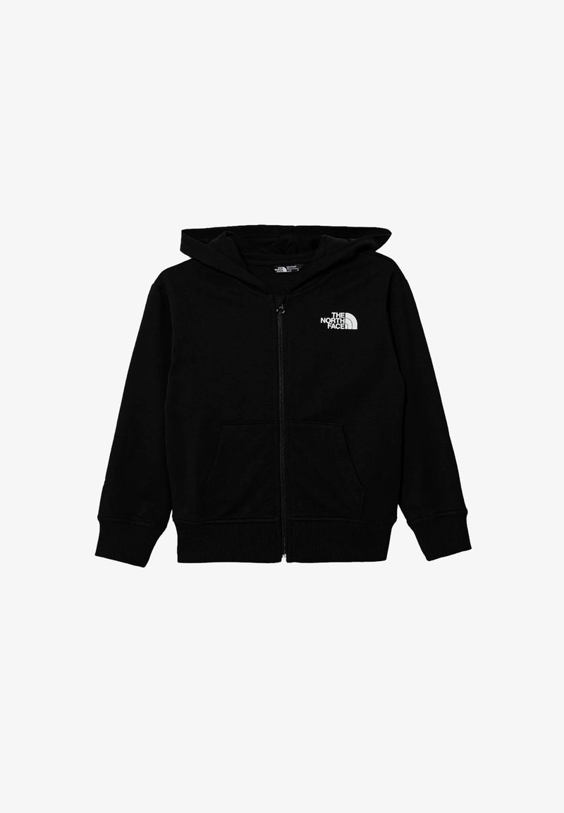Felpa nera con zip, dotata di tasche frontali e logo The North Face sul lato sinistro del petto, caratterizzata da cappuccio e polsini e orlo a coste.