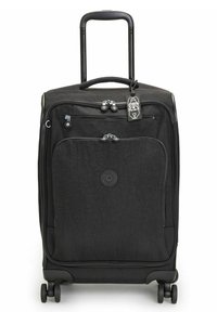 Black wheeled suitcase with two zipper compartments, textured surface, retractable handle, and a hang tag. Four wheels for mobility.