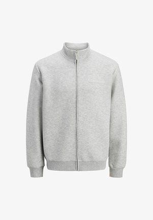 Lys grå zip genser med høy krage, ribbede mansjetter og nederkant, og subtilt brystlogo på høyre side.