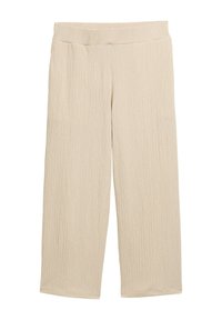 Pantalons beige à jambes larges en tissu texturé, dotés d'une taille lisse et d'une finition uniforme et épurée, sans poches.
