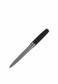 Penna metallica con corpo in rete d'argento e impugnatura in gomma nera. Punta appuntita per scrivere. Design elegante e sottile.