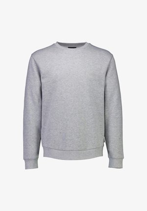 Vaaleanharmaa pyöreäkauluksinen collegepaita pitkähihaisilla, ribbailluilla hihoilla ja helmalla, valmistettu pehmeästä, sileästä kankaasta. Ei kuvioita tai koristeita.