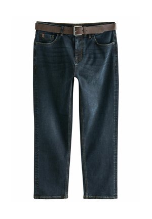 Donkerblauwe denim jeans met een recht pijpdesign, voorzien van vijf zakken en een bruine leren riem met een zilveren gesp.