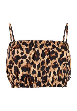Crop top met luipaardprint, dunne verstelbare schouderbandjes en gerimpelde elastische banden aan de boven- en onderkant.