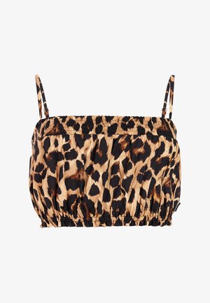 Crop top met luipaardprint, dunne verstelbare schouderbandjes en gerimpelde elastische banden aan de boven- en onderkant.