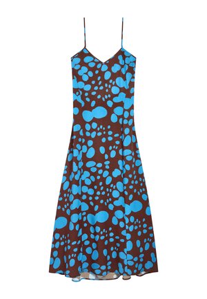 Brązowa sukienka bez rękawów z wyraźnym niebieskim wzorem w kropki. Posiada dekolt w kształcie litery V oraz lekki, płynący krój, wykonana z lekkiego materiału.
