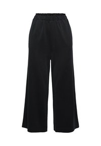 Pantaloni neri a gamba larga con una vita elasticizzata, tessuto morbido e una caduta fluida. Design pulito senza motivi o hardware visibili.