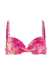 Rosa und pfirsichfarbene, gepolsterte BH mit Bügel und verstellbaren Schulterträgern, präsentiert vor einem weißen Hintergrund.