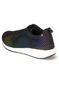 Black mesh athletic shoe featuring a gradient pattern from green to purple, with a white midsole and black outsole.