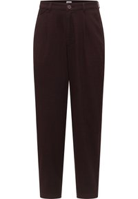 Dark brown, tailored trousers with a flat front, two side pockets, a button closure, and a slightly tapered leg design in textured fabric.
