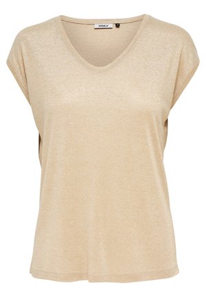 Haut beige à col en V et manches courtes, fabriqué dans un tissu doux et texturé avec un léger éclat. Coupe ample, avec une étiquette au niveau du col.