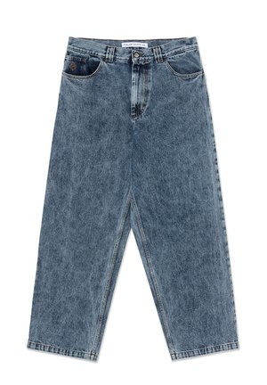Szerokie jeansy z niebieskiego denimu w średnim przetarciu, z wysokim stanem, pięcioma kieszeniami, szlufkami na pasek i zapięciem na guziki z przodu.