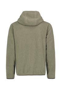 Fleecejack in een gedimd groen met een hoge kraag en een zachte, gestructureerde oppervlakte. Heeft lange mouwen en een rechte zoom.