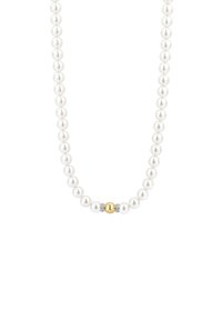 Halskette aus weißen Perlen mit runden Perlen, einem zentralen goldenen Akzent und zwei kleineren diamantähnlichen Stücken auf jeder Seite.