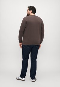 Brown sweatshirt with a crew neck and ribbed cuffs, paired with dark blue jeans and white sneakers featuring black stripes.