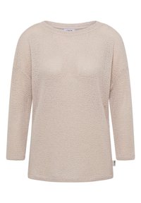 Pull beige en tricot à manches longues avec un col rond et une petite étiquette de marque blanche sur la couture latérale.