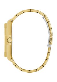 Montre-bracelet en métal doré avec un boîtier rectangulaire, un bracelet à maillons et un accent argenté sur un côté. Elle possède une couronne texturée et une finition polie.