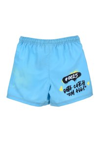 Lichtblauwe zwembroek met een elastische tailleband. Voorzijde heeft zwart en gele grafische tekst: “#0025 Gotta Catch 'Em All!”