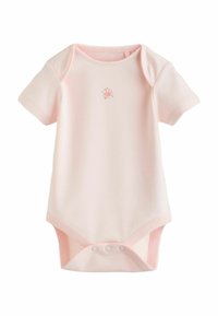 Šviesiai rožinės spalvos medvilninis trumpomis rankovėmis bodžiukas su mažyčiu gėlių siuvinėjimu ant krūtinės ir sagomis apačioje.