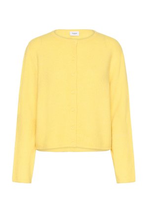 Rumena jopica iz mehkega materiala, z okroglim izrezom, dolgimi rokavi in šestimi gumbi spredaj, kratkega kroja.