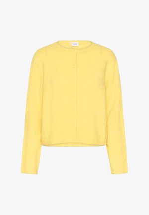 Yellow cardigan made of soft material, featuring a round neckline, long sleeves, and six buttons down the front, with a cropped design.