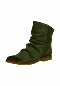 Bottine en daim vert foncé à design décontracté avec semelle plate marron, sans fermetures visibles ni décorations.