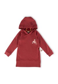 Rotes Hoodie-Kleid mit Kängurutasche, das ein florales Design in Pastellfarben und einen kleinen dekorativen Anhänger an der Seite aufweist.