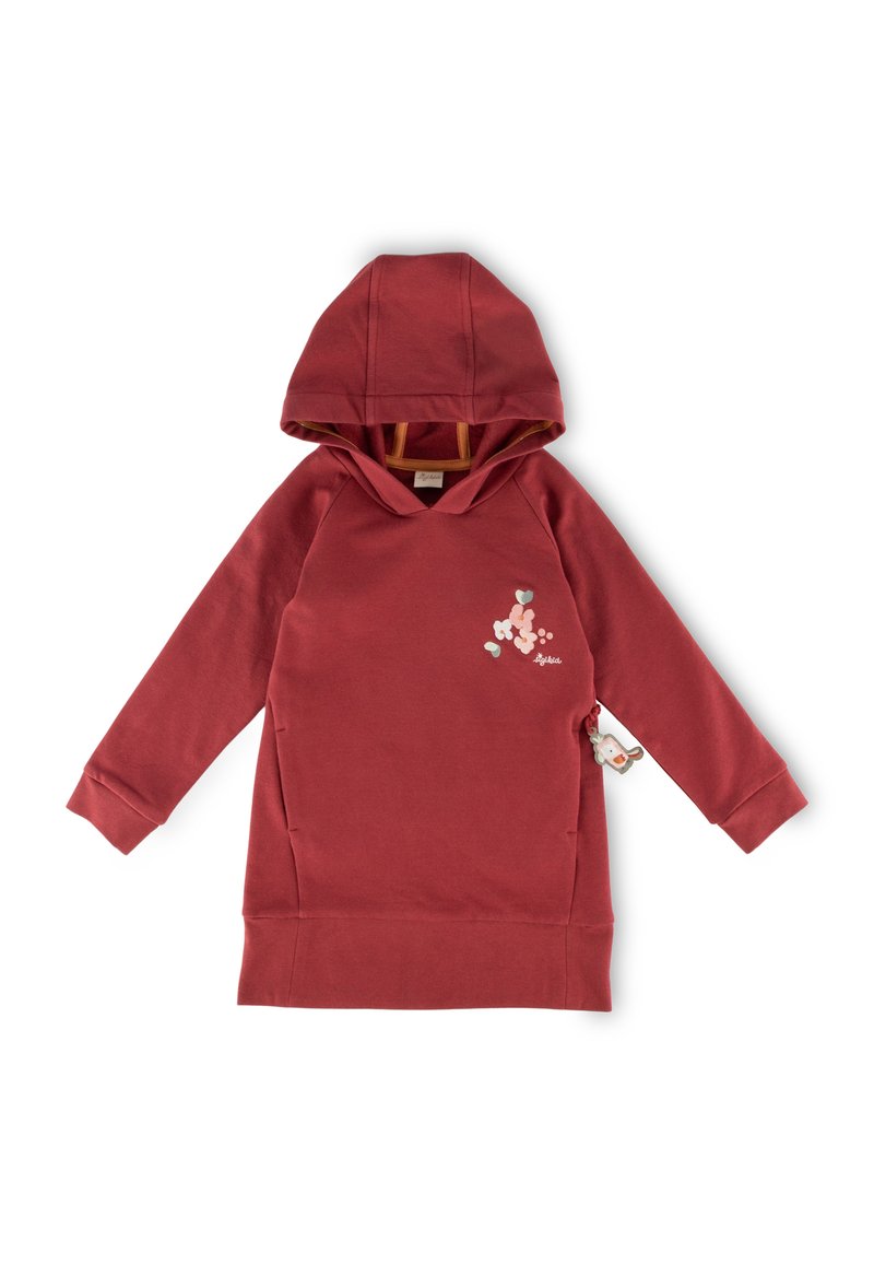 Rotes Hoodie-Kleid mit Kängurutasche, das ein florales Design in Pastellfarben und einen kleinen dekorativen Anhänger an der Seite aufweist.