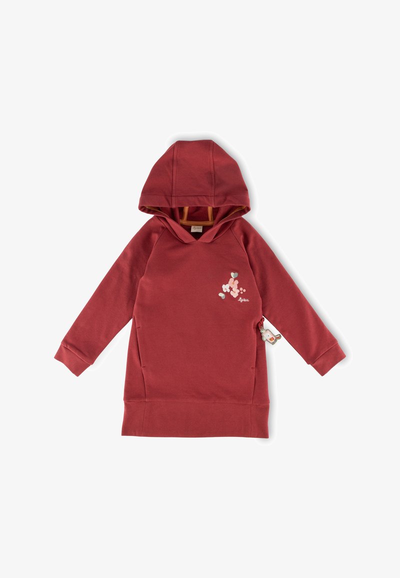 Rotes Hoodie-Kleid mit Kängurutasche, das ein florales Design in Pastellfarben und einen kleinen dekorativen Anhänger an der Seite aufweist.