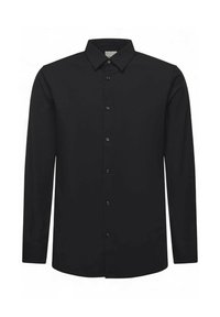 Schwarzes langärmliges Hemd aus glattem Stoff, mit spitzem Kragen und sieben schwarzen Knöpfen entlang der vorderen Knopfleiste.