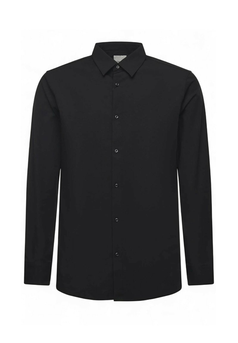 Schwarzes langärmliges Hemd aus glattem Stoff, mit spitzem Kragen und sieben schwarzen Knöpfen entlang der vorderen Knopfleiste.