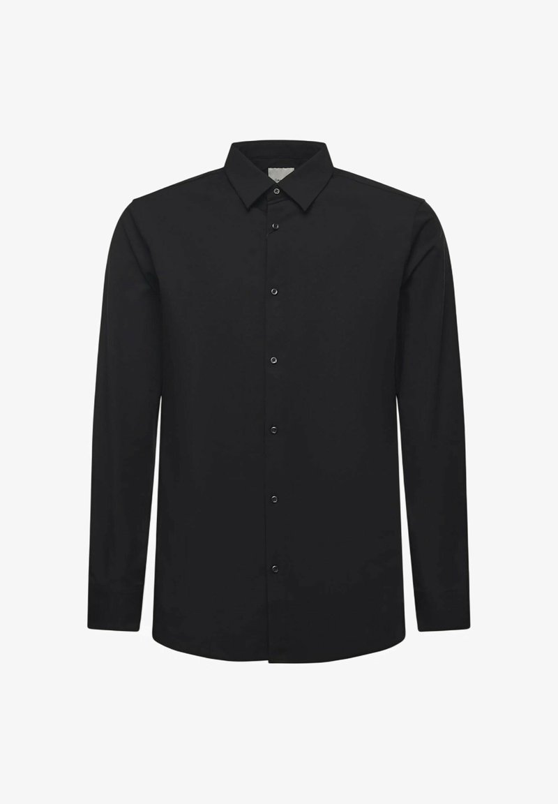 Schwarzes langärmliges Hemd aus glattem Stoff, mit spitzem Kragen und sieben schwarzen Knöpfen entlang der vorderen Knopfleiste.
