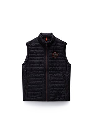 Chaleco sin mangas negro acolchado con cuello alto, cremallera frontal, dos bolsillos con cremallera y parche redondo con logo en el pecho izquierdo.