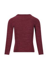 Bordeauxfarbiges Langarmshirt mit Rundhalsausschnitt. Einfarbig mit einem strukturierten Strickmuster. Keine sichtbaren Logos oder Grafiken. Rückansicht dargestellt.