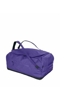 Borsa da palestra viola con compartimento principale con cerniera, tasca laterale piatta e tracolla regolabile. Presenta un tessuto strutturato e una base nera.