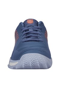Blue athletic shoe with textured upper, orange accent details, and laced closure. Features a white rubber sole with a zigzag tread pattern.
